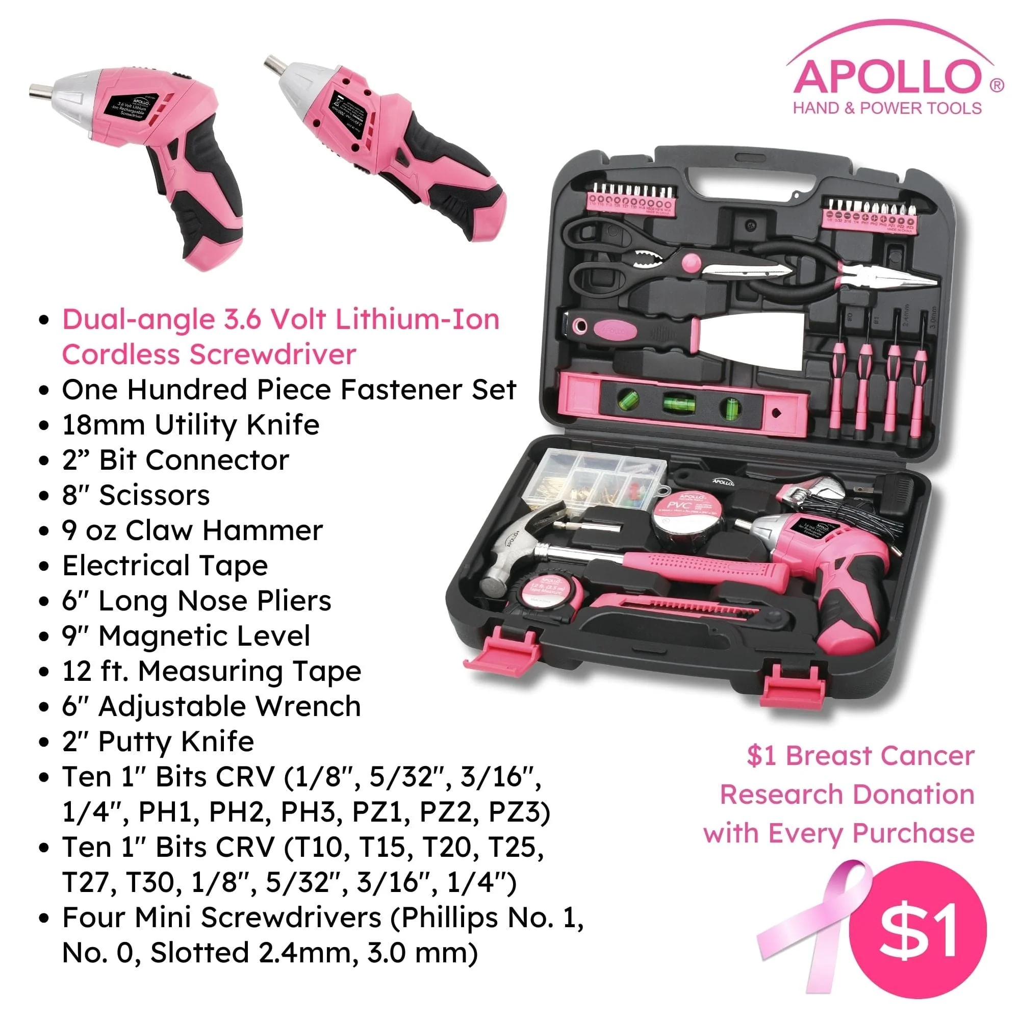 135 Piece Household Tool Kit Pink with Pivoting Dual-Angle 3.6 Volt Lithium-Ion Cordless Screwdriver - DT0773N1 - Image 6