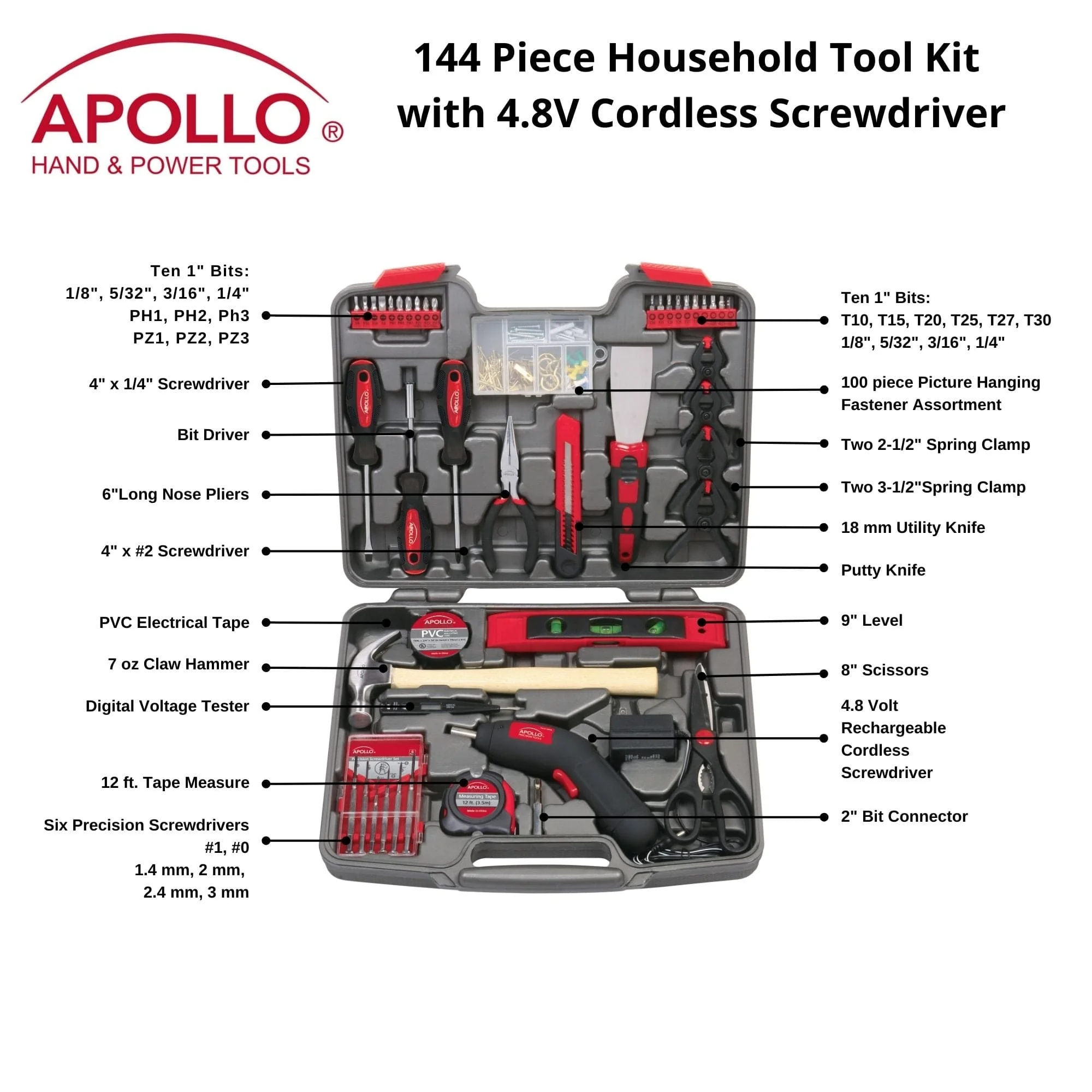 144 Piece Household Tool Kit with 4.8V Cordless Screwdriver - DT8422 - Image 3