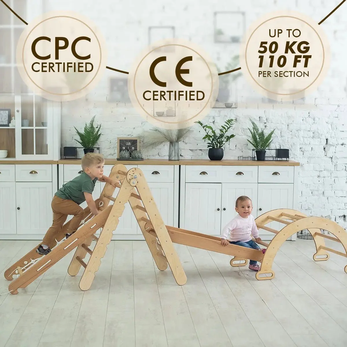 4in1 Montessori Climbing Set: Triangle Ladder + Arch/Rocker + Slide Board/Ramp + Climbing Net – Beige - Image 7