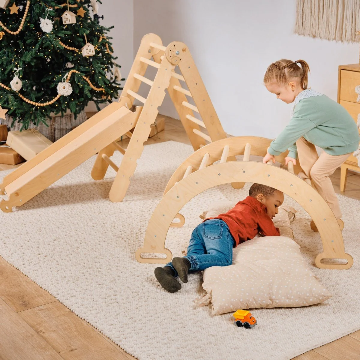 4in1 Montessori Climbing Set: Triangle Ladder + Climbing Arch + Slide Board & Cushion β Beige - Image 9