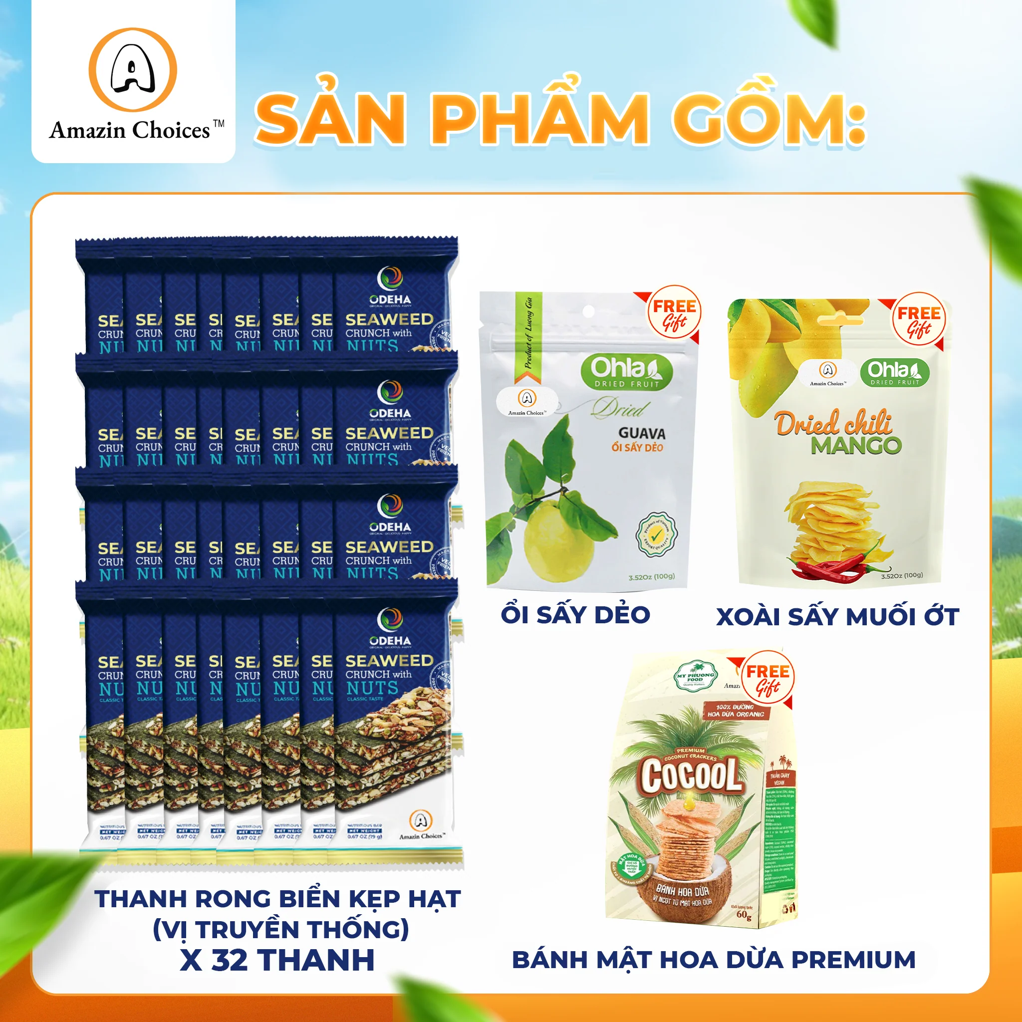 Amazin Choices Rong Biển Kẹp Hạt Cao Cấp 2 Hộp (32 Thanh) – Mua $39.98, Tặng Miễn Phí Bộ Quà Snack Việt ($20.97 Giá Trị): Xoài Cay Sấy Dẻo, Ổi Sấy Dẻo & Bánh Dừa Nướng - Image 3
