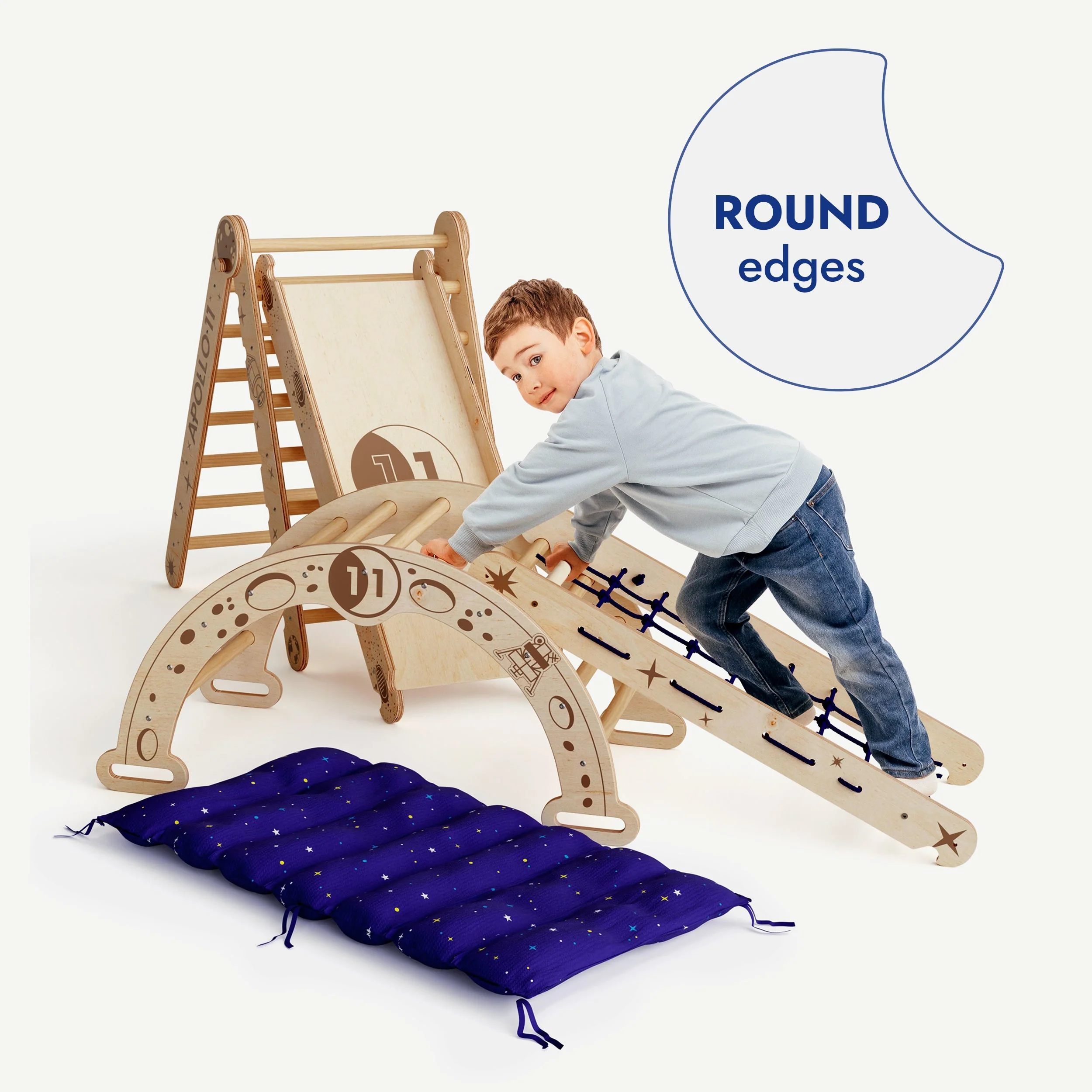 Apollo 5in1 Climbing Set: Pikler Triangle, Net, Arch, Slide Board, and Cushion for Little Astronauts - Image 2