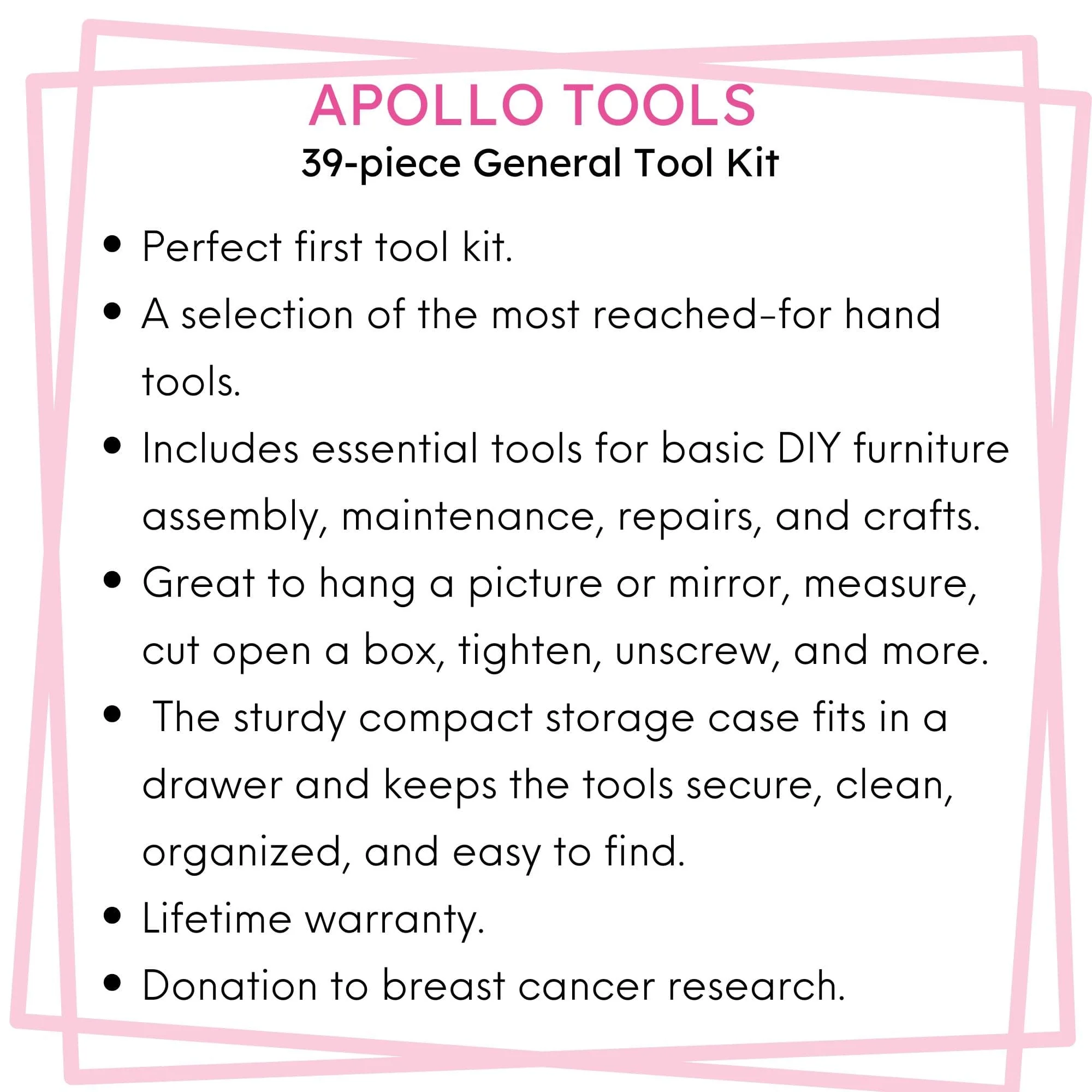 Apollo Tools New and Improved 39 Piece General Pink Tool Set in Storage Case for DIY Everyday Home Maintenance and Repairs- DT9711P - Image 8