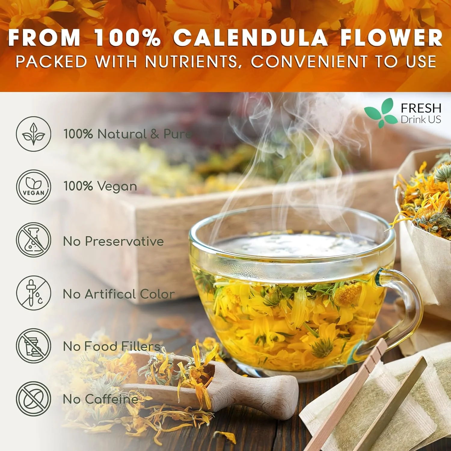 Calendula Tea Bags, 100% Natural and Pure Calendula Flowers, Eco-conscious Tea Bags. Calendula Flower Herbal Tea. No Sugar, No Caffeine, No Gluten, Vegan. - Image 4