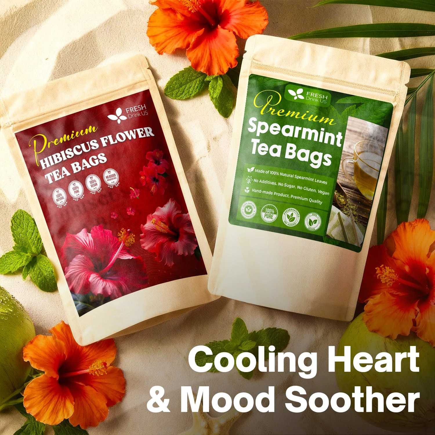 Cooling Heart & Mood Soother Duo, Hibiscus Flower & Spearmint Leaf Herbal Tea Bags, 100% Natural & Pure Flowers and Leaves, No Sugar, No Caffeine, No Gluten, Vegan β Herbal Beverage