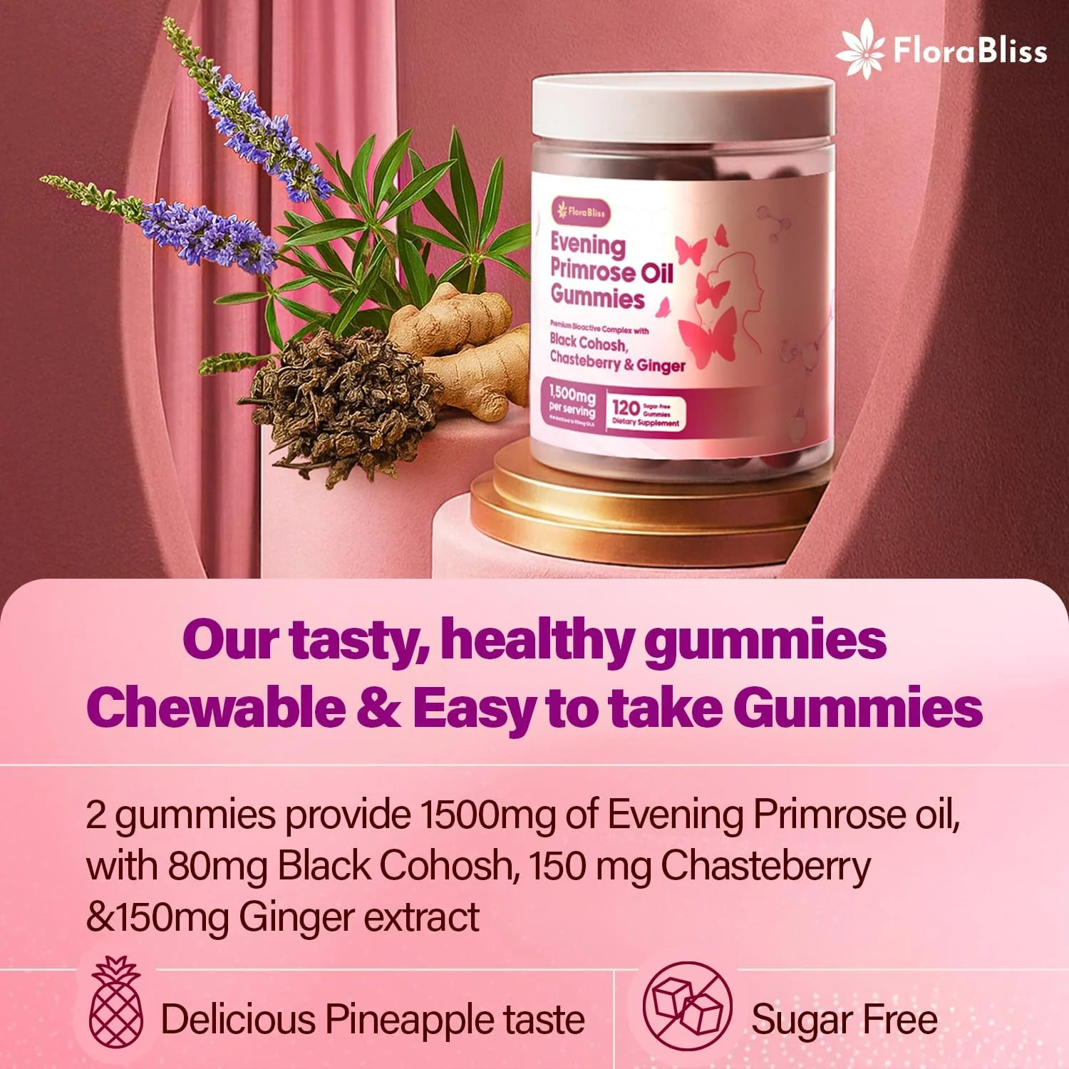 Evening Primrose Oil Gummies | 1500mg | with Black Cohosh, Chasteberry, Ginger Extract for Daily Women's Wellness Support - Image 7