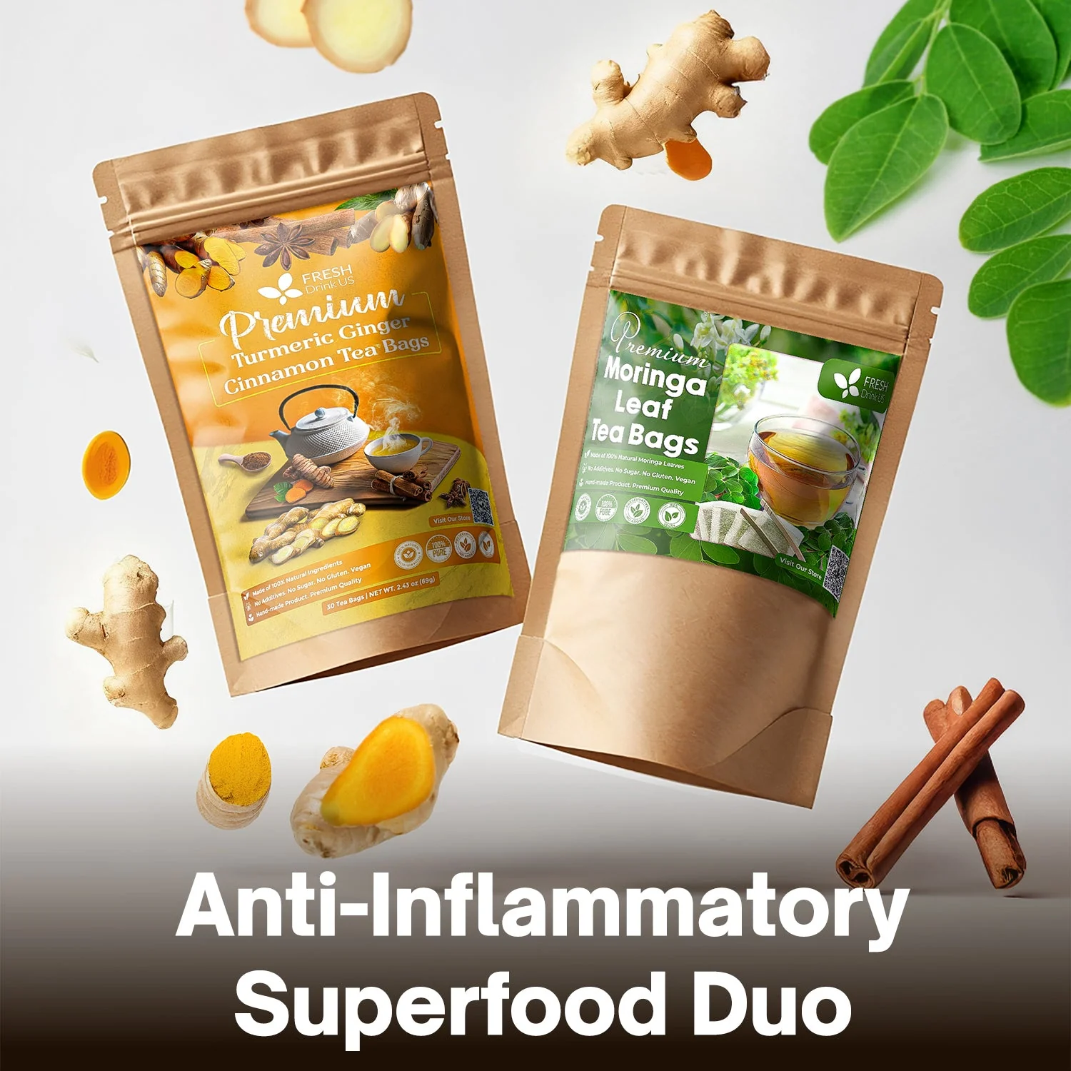 FreshDrinkUS Anti-Inflammatory Superfood Duo, Turmeric Ginger Cinnamon & Moringa Leaf Herbal Tea Bags, 100% Natural & Pure Roots and Leaves, Eco-Conscious Tea Bags, No Sugar, No Caffeine, No Gluten, Vegan β Herbal Beverage