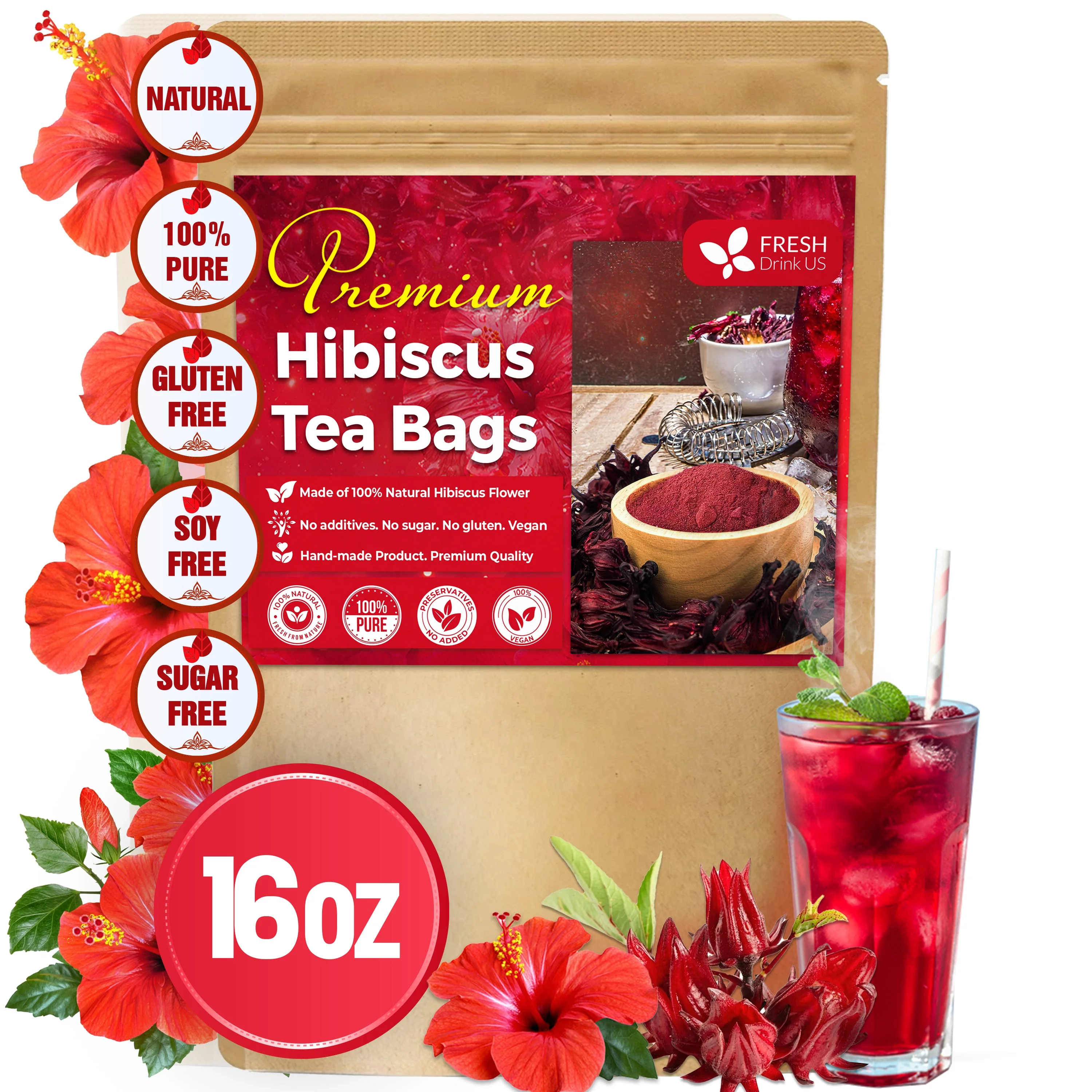 Hibiscus Dried Flowers, Tea Bags, 100% Natural, Pure from Hibiscus Flowers. Loose Flower Hibiscus Herbal Tea. Hibiscus Flower Tea. No Sugar, No Caffeine, No Gluten, Vegan. - Image 24