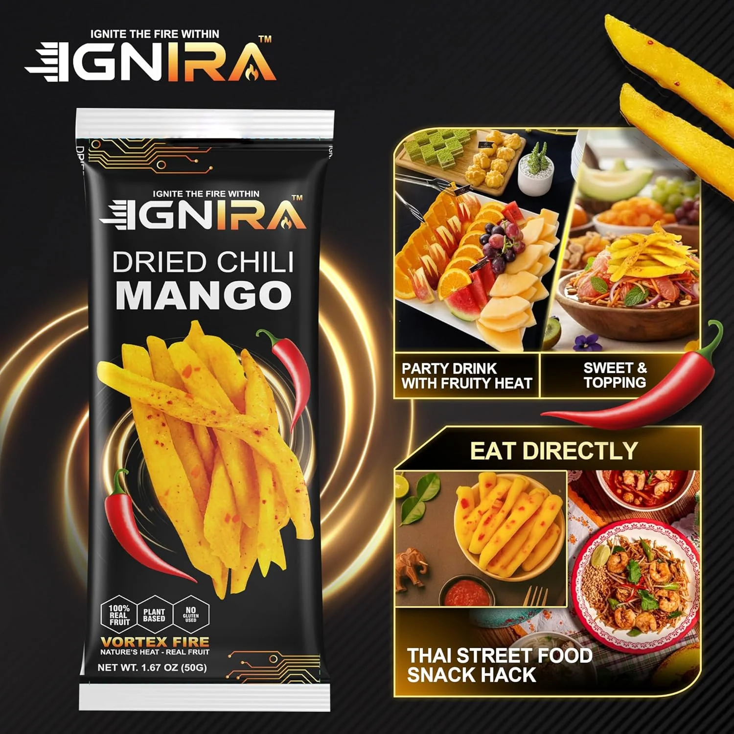 IGNIRA Dried Mango with chili, Sweet & Hot Fruit Snack Strips, Dry Chamoy Mangoes Slices, Chili Mangoes Snacks for Office, Gluten-Free, Plant-Based, Real Fruit, Vortex Energy Pack of 1 (1.67oz) - Image 5