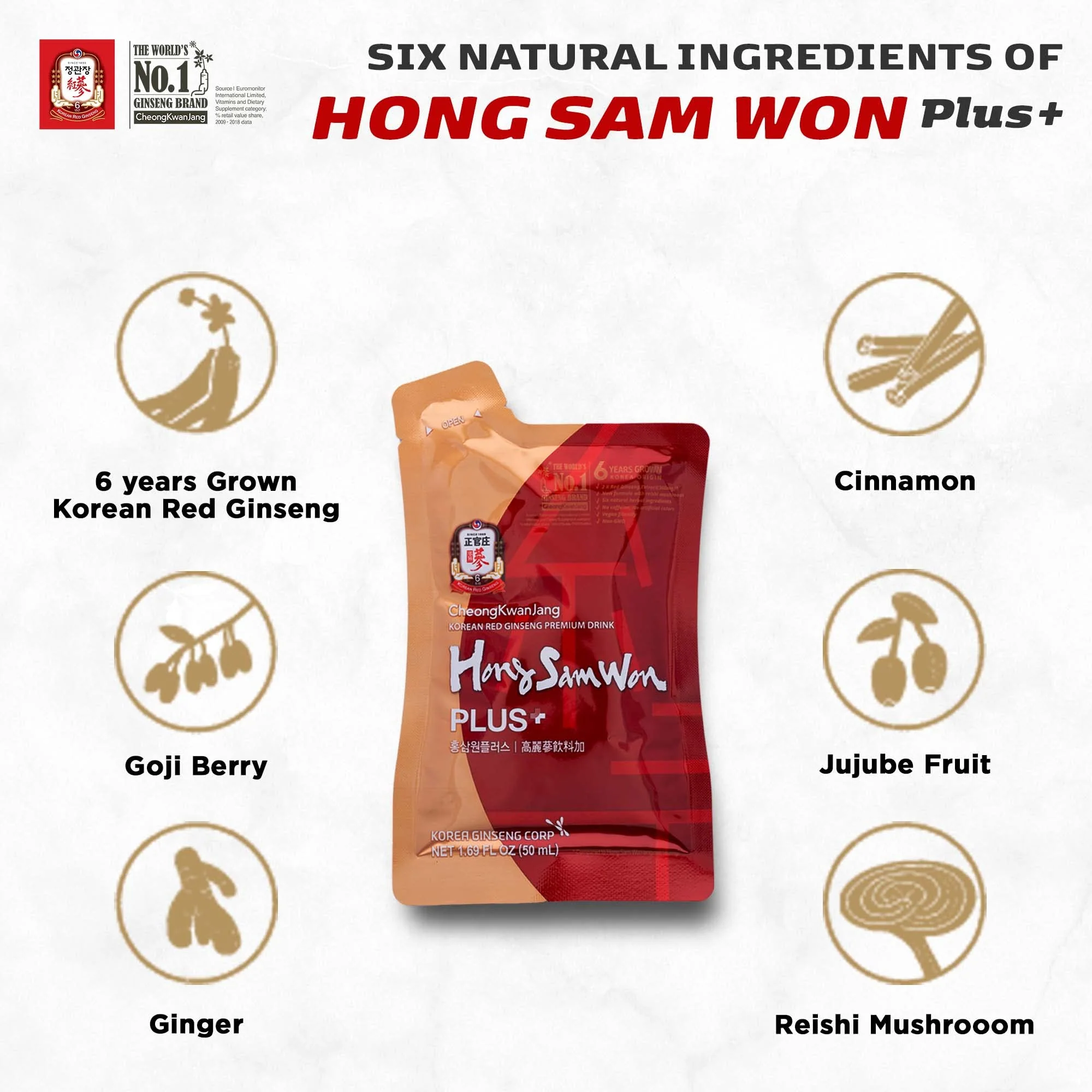 Korean Red Ginseng Energy Boost Drink with Reishi Mushroom, Ginger Extract, Goji Berry [CheongKwanJang - Hong Sam Won Plus] Caffeine Free Herbal Tea, Increase Productivity - 30 Pouches - Image 7