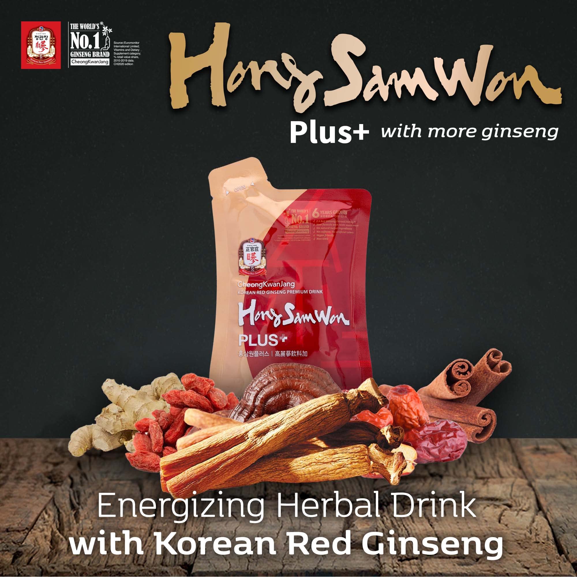 Korean Red Ginseng Energy Boost Drink with Reishi Mushroom, Ginger Extract, Goji Berry [CheongKwanJang - Hong Sam Won Plus] Caffeine Free Herbal Tea, Increase Productivity - 30 Pouches - Image 8