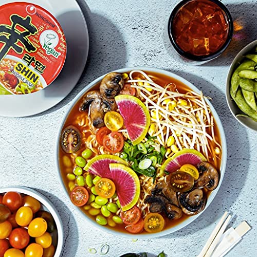Nongshim Gourmet Spicy Vegan Shin Instant Noodle Soup Mix Cup, 6 Pack, Microwaveable Vegan Meatless Ramen - Image 5