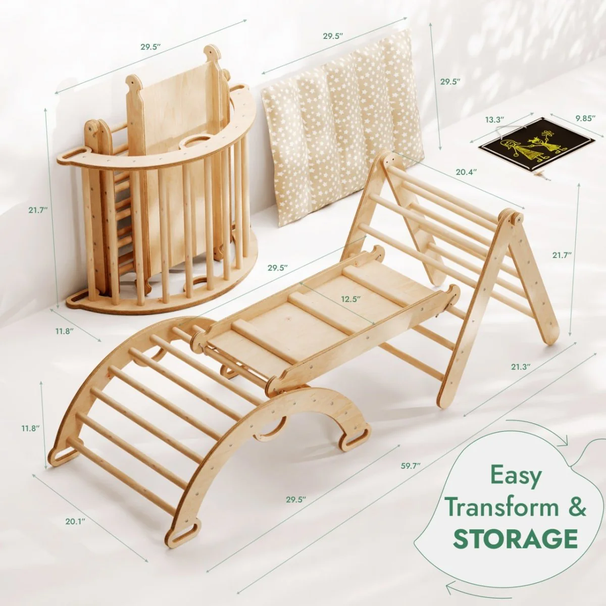 Pikler Triangle Set for Toddlers: Triangle Ladder + Climbing Arch + Slide Board + Cushion - Image 3