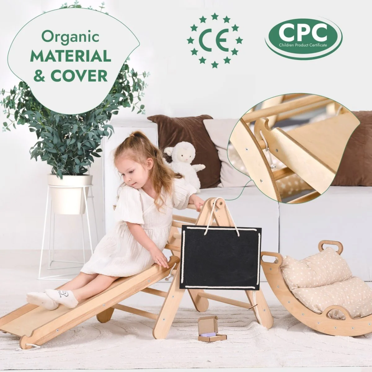 Pikler Triangle Set for Toddlers: Triangle Ladder + Climbing Arch + Slide Board + Cushion - Image 5