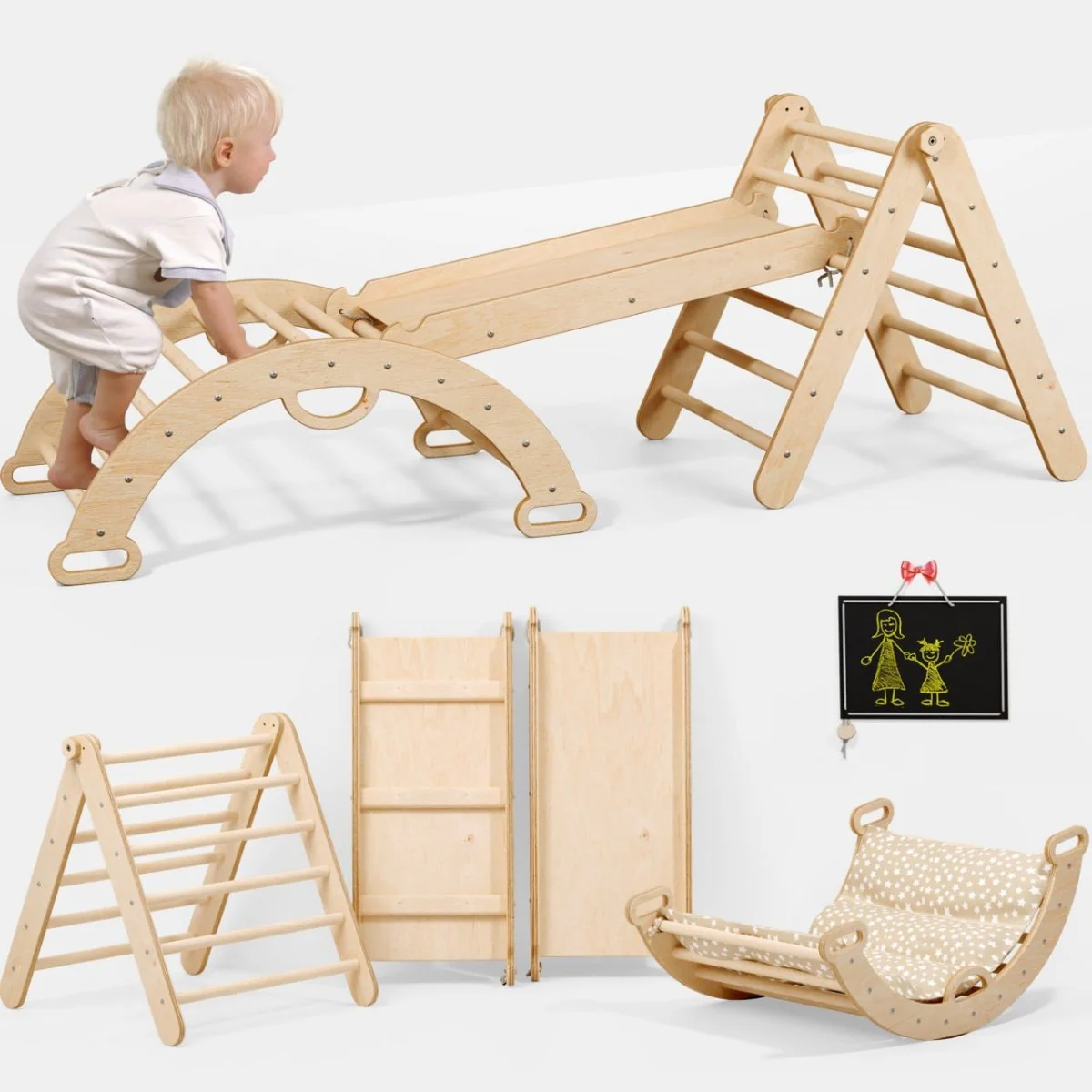 Pikler Triangle Set for Toddlers: Triangle Ladder + Climbing Arch + Slide Board + Cushion - Image 9