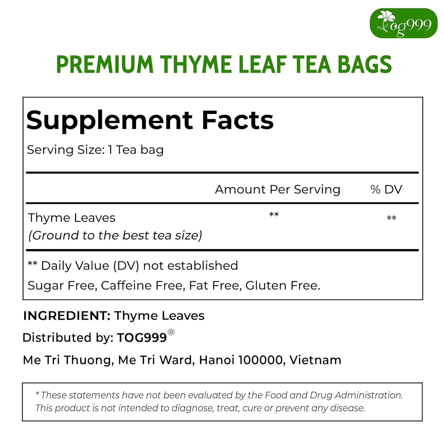 Premium 40 Thyme Leaf Tea Bags, 100% Natural & Pure, Loose Leaf Herbal Tea. - Image 2