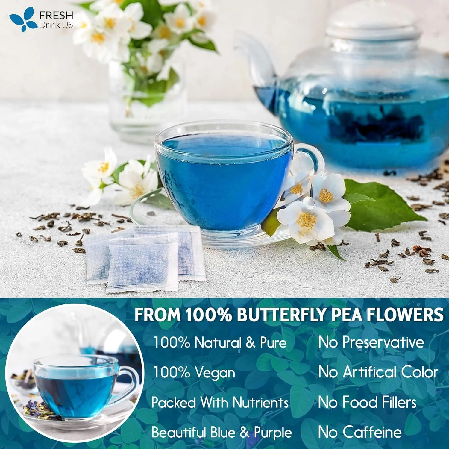 Premium Butterfly Pea Flowers, Tea Bags, 100% Natural and Pure from Butterfly Pea Flowers, Hand-made, Made With Natural Materials-Corn Fiber Tea Bag, Sugar/Caffeine/Gluten Free - Image 3