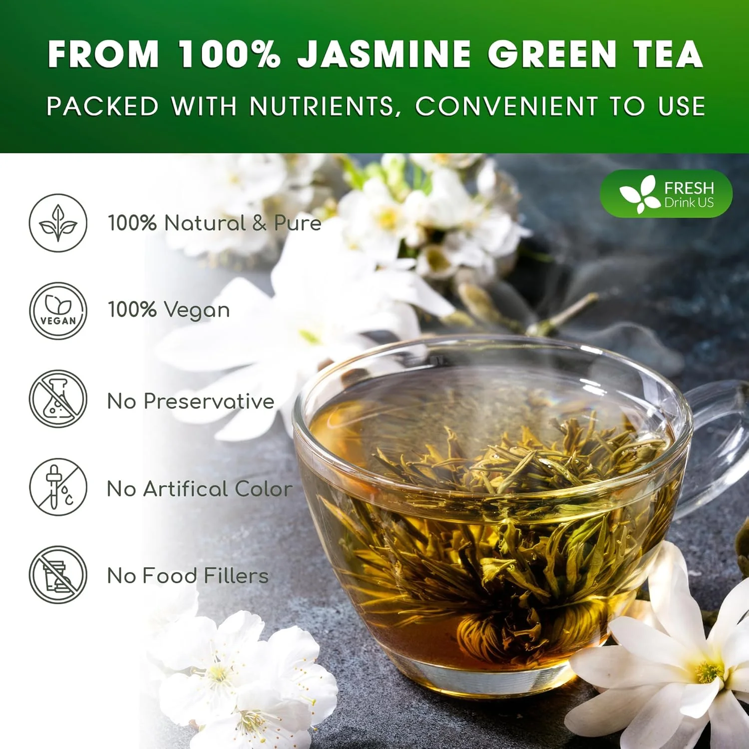 Premium Jasmine Green Tea Bags. Jasmine Green Herbal Tea. Made with Natural Material Tea Bags. No Sugar, No Gluten, Vegan. - Image 3