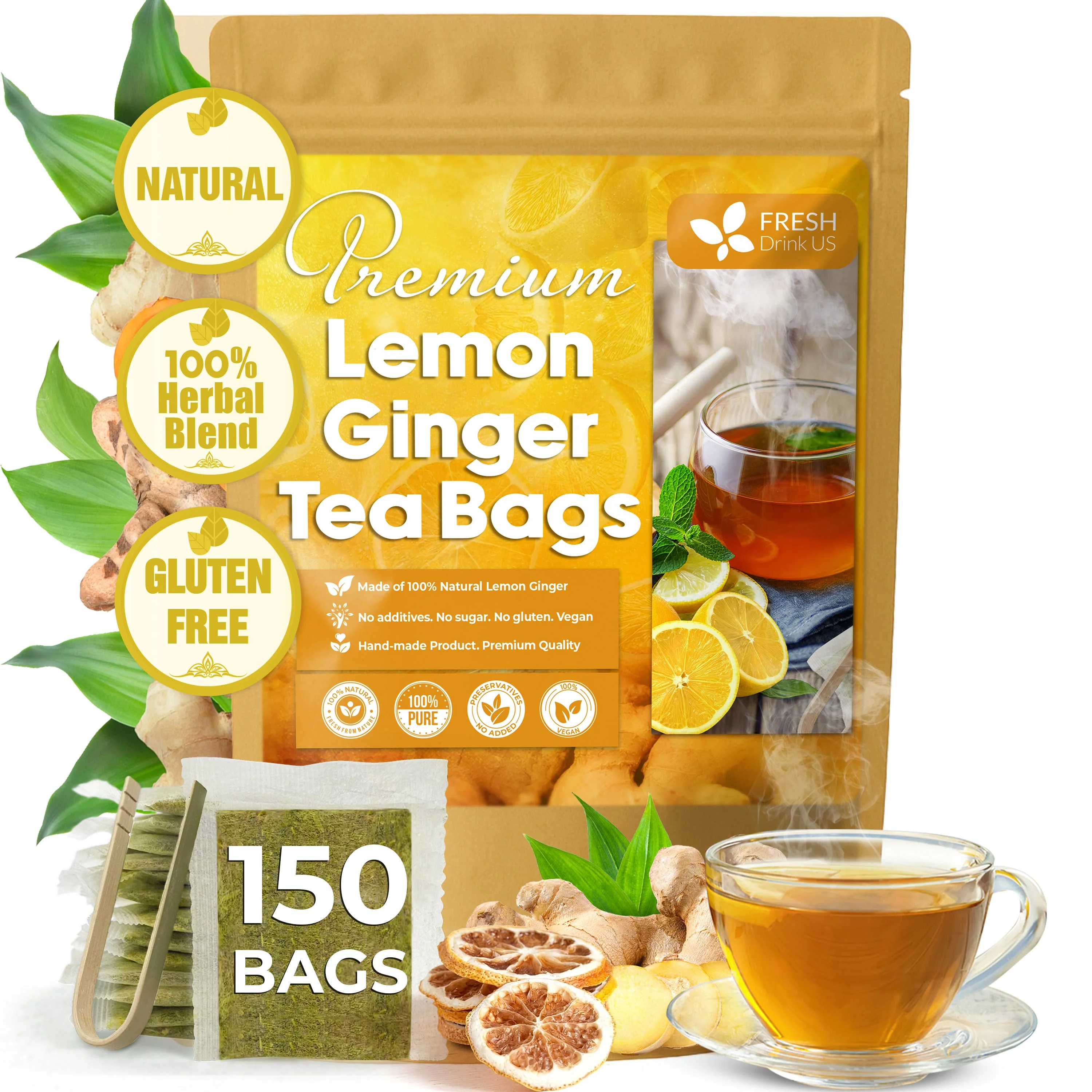 Premium Lemon Ginger Tea Bag, Eco-conscious Tea Bags. Lemon Ginger Herbal Tea. No Sugar, No Caffeine, No Gluten, Vegan. - Image 11