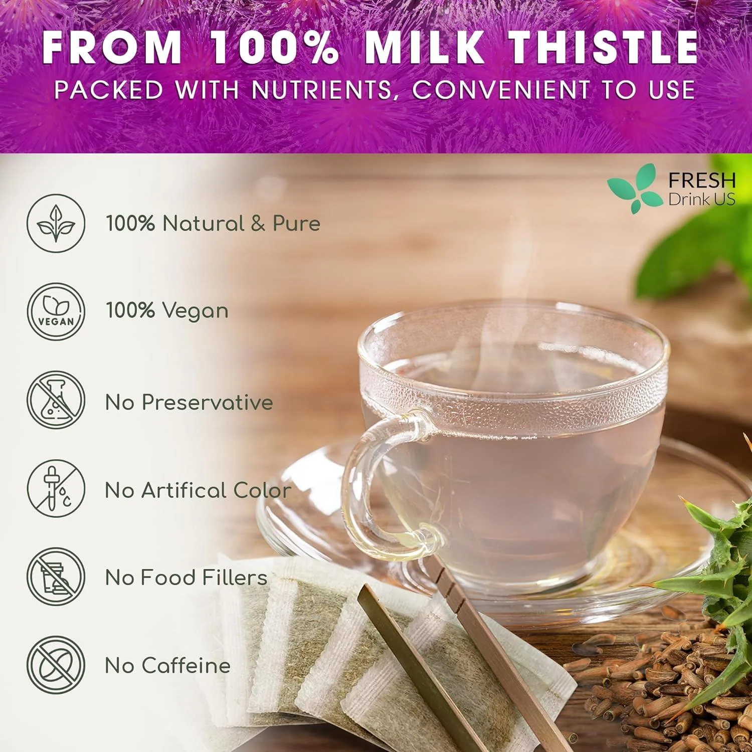 Premium Milk Thistle Tea Bags, 100% Natural & Pure from Milk Thistle Seeds. Milk Thistle Seed Herbal Tea. Milk Thistle Seed Tea. Made with Natural Material Tea Bags. No Sugar, No Caffeine, No Gluten, Vegan. - Image 4