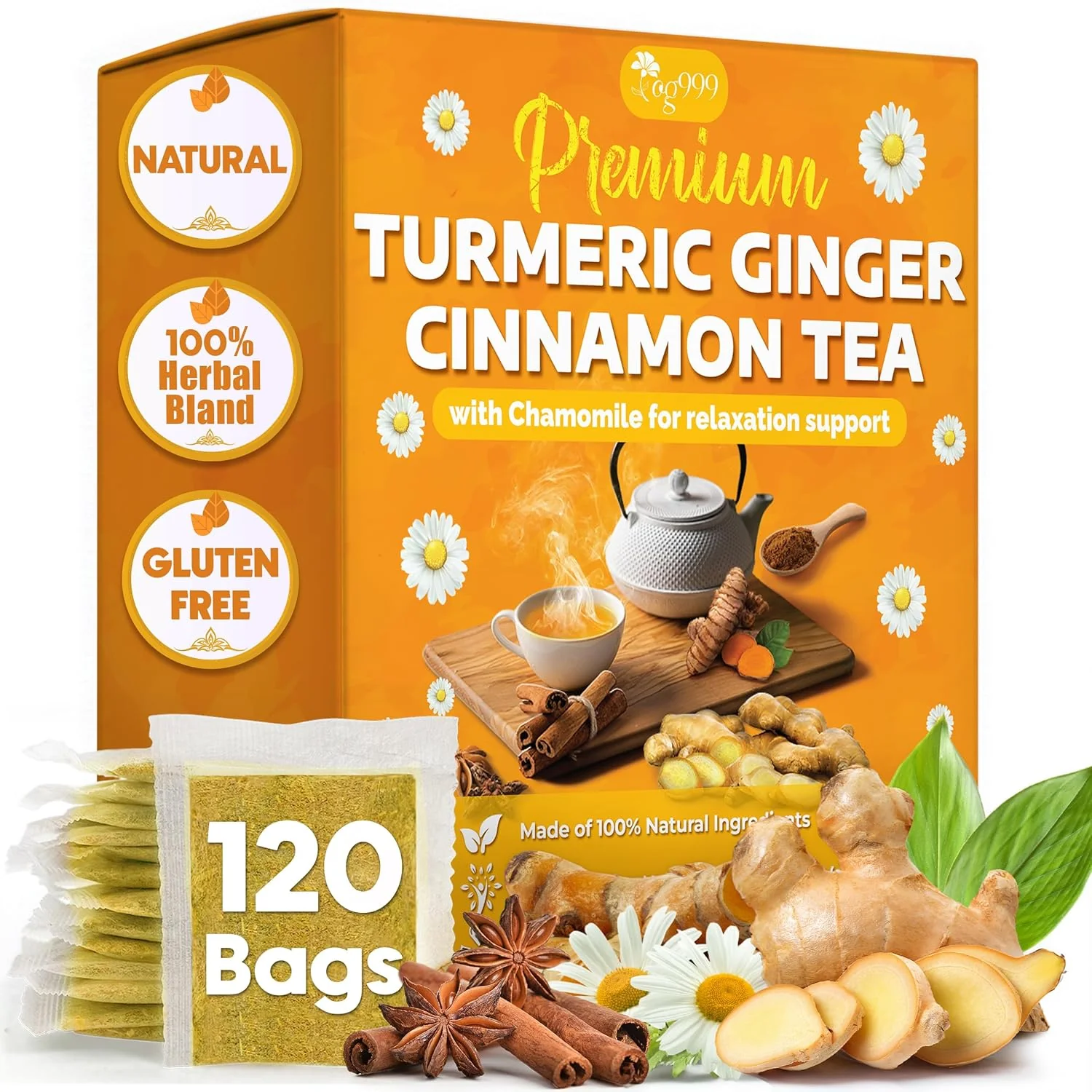 Premium Turmeric, Ginger, Cinnamon & Chamomile Flowers Tea | Improve Digestion, Support Brain, Weight, Skin and Sleep, Eco-Conscious Tea Bags - Image 2