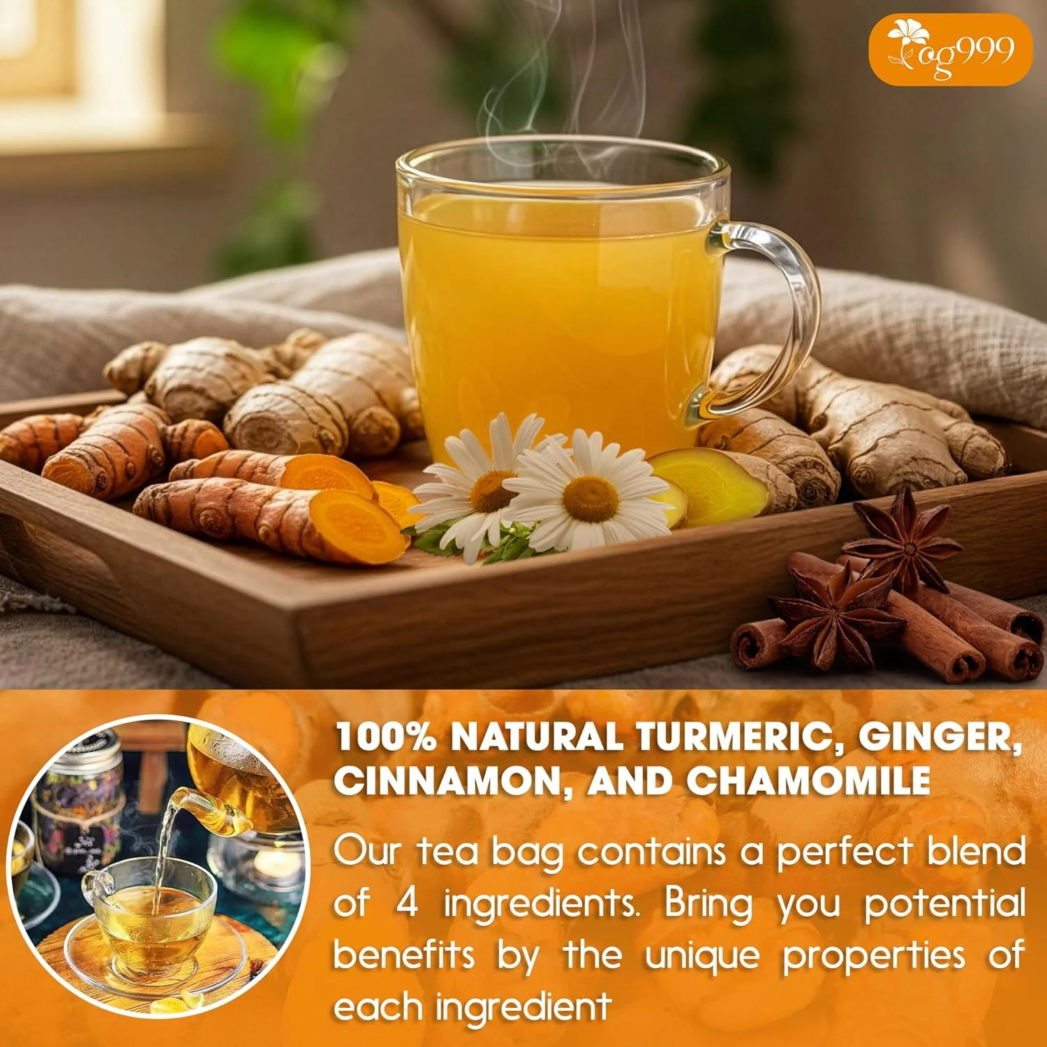 Premium Turmeric, Ginger, Cinnamon & Chamomile Flowers Tea | Improve Digestion, Support Brain, Weight, Skin and Sleep, Eco-Conscious Tea Bags - Image 5