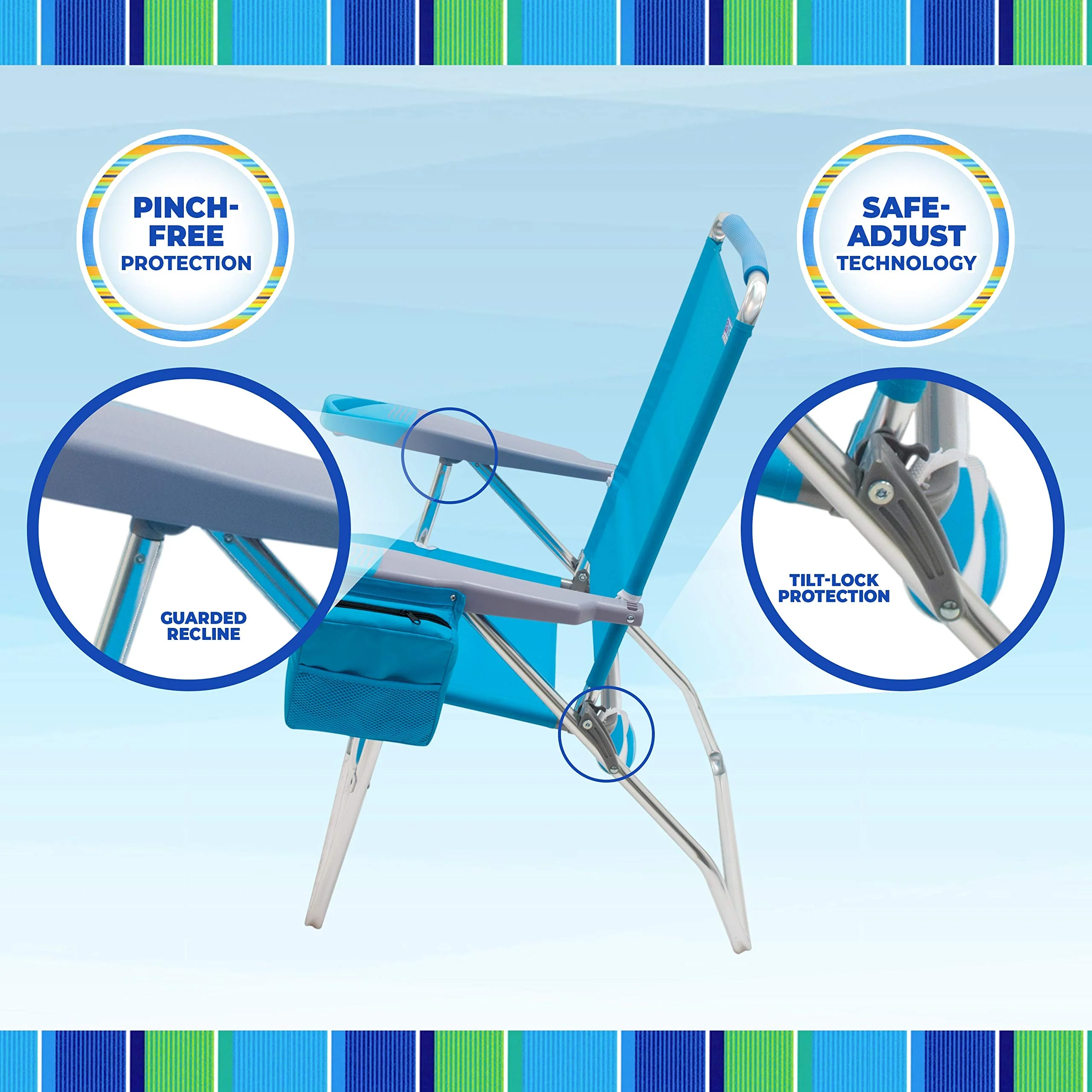 Rio Brands 17" Extended Height 4-Position Folding Beach, Camping, Lawn Chair, Blue/White/Green - Image 11