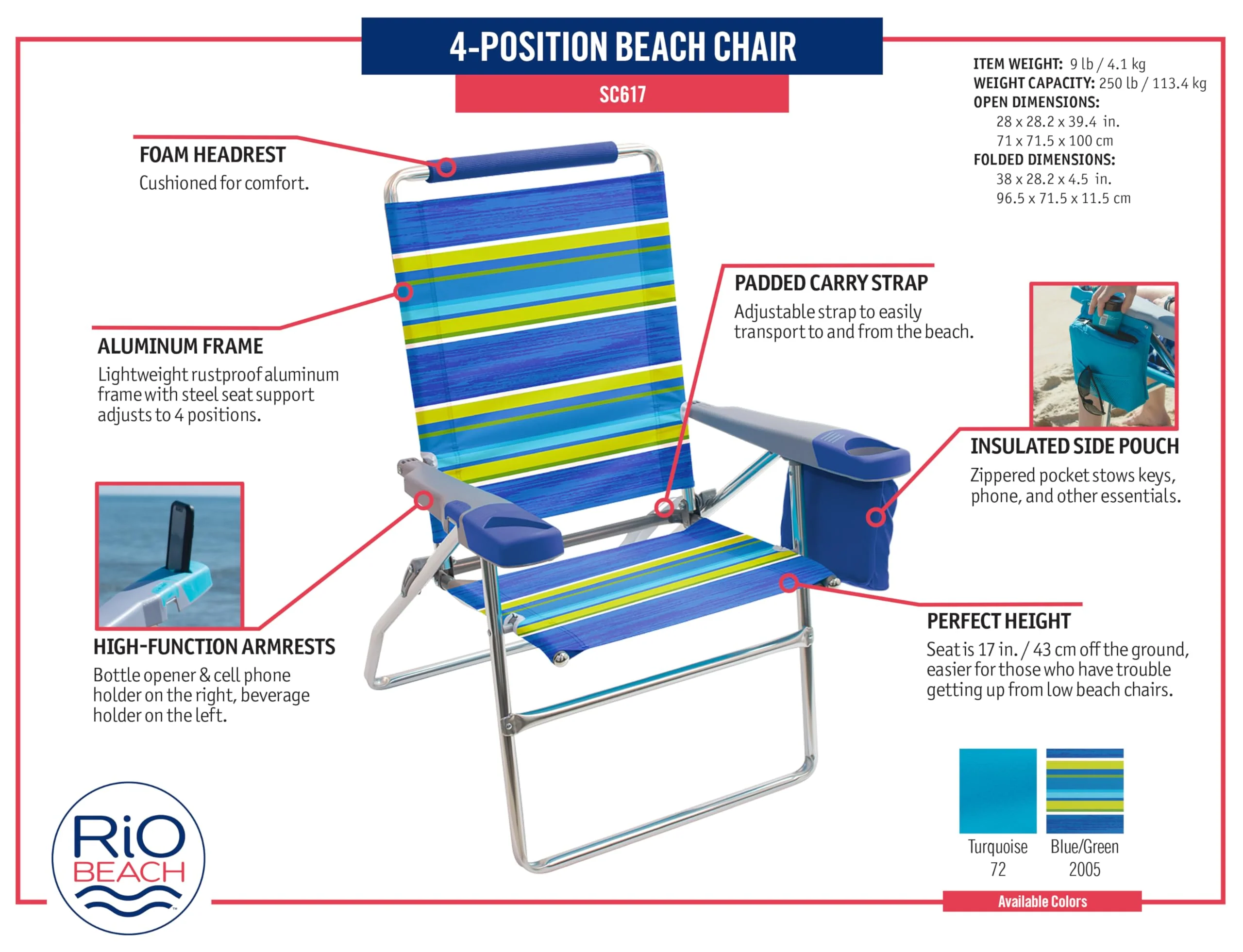Rio Brands 17" Extended Height 4-Position Folding Beach, Camping, Lawn Chair, Blue/White/Green - Image 19