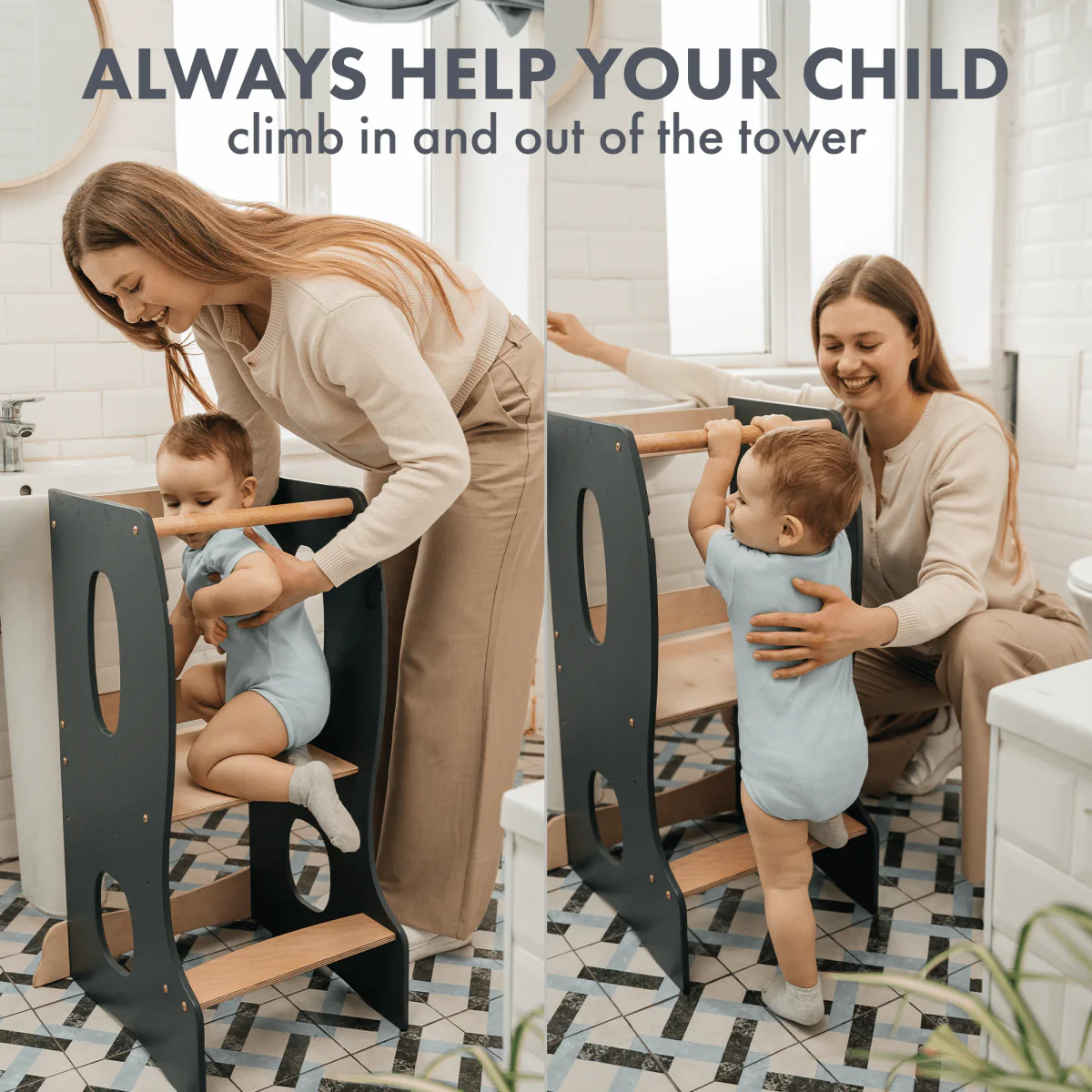 Stable Montessori Learning Tower: Wooden Growing Chair - Grey - Image 7