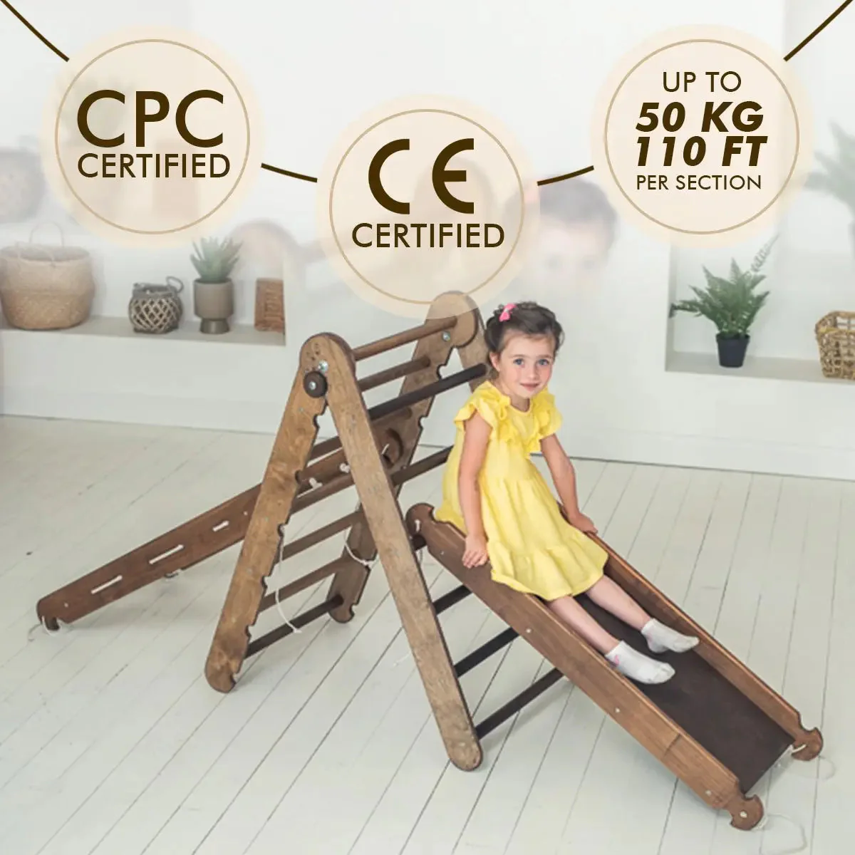 The 4in1 Montessori Climbing Set consists of: Triangle Ladder + Arch/Rocker + Slide Board/Ramp + Net – Chocolate - Image 6