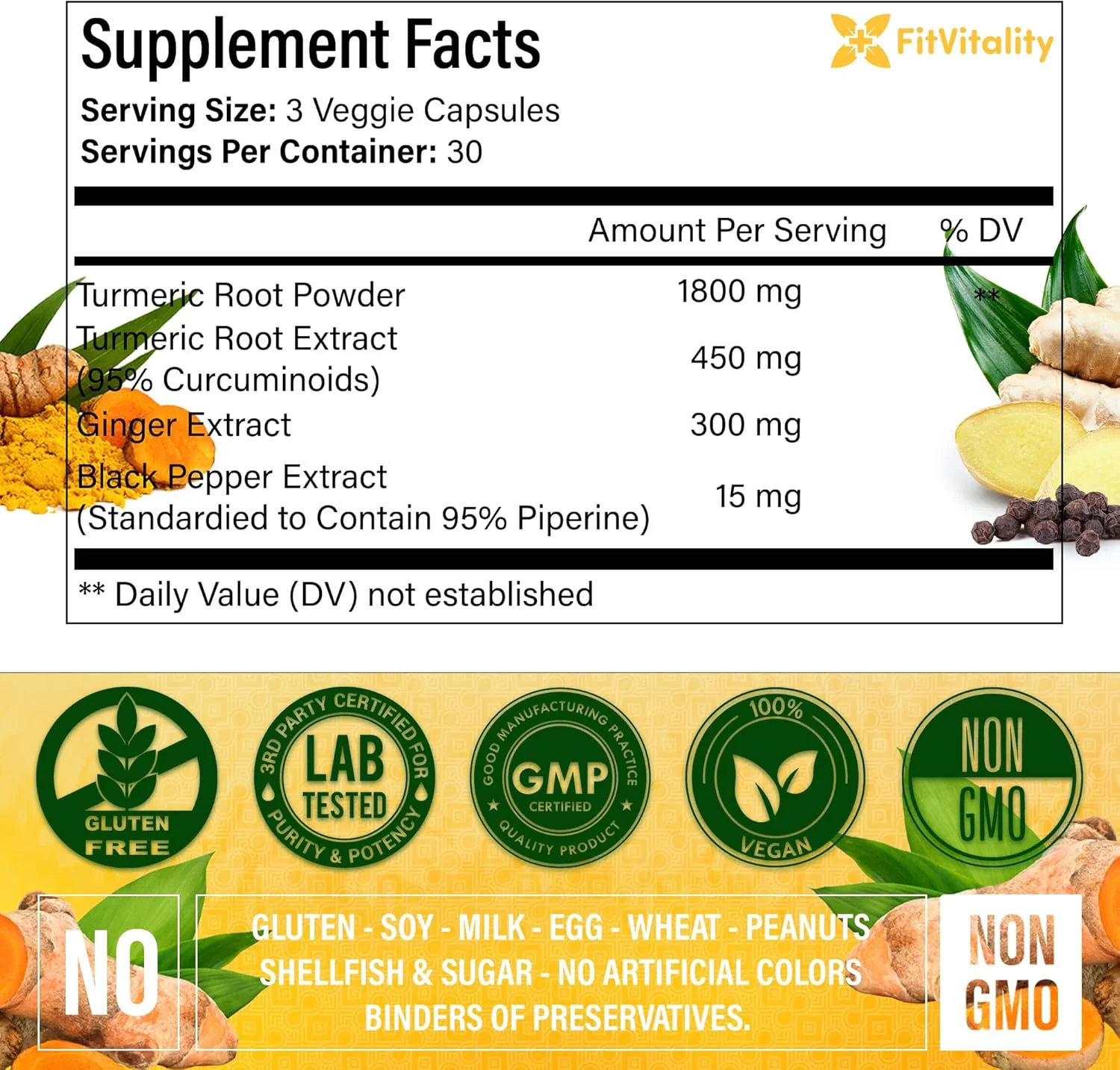 Turmeric Curcumin & BioPerine Black Pepper Extract, Non – GMO, Gluten-Free, Vegan Capsules - Image 3
